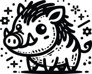 pig, hog in cute animal doodle cartoon, children mascot drawing, outline,