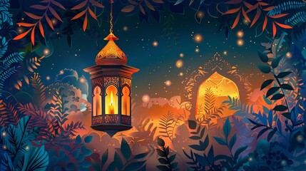 Beautiful Arabic lantern with a burning candle that glows in the evening during the Muslim holy month of Ramadan Kareem