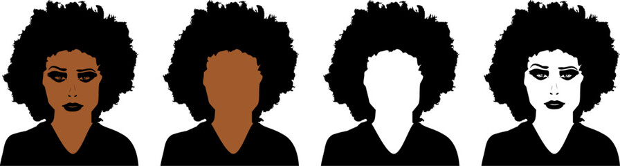 Vektor Set Frau - Kopf mit Afro Haaren und Gesicht - Style - Makeup, Lifestyle