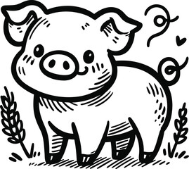 Fototapeta premium pig, hog in cute animal doodle cartoon, children mascot drawing, outline,