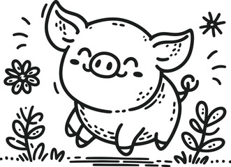 Fototapeta premium pig, hog in cute animal doodle cartoon, children mascot drawing, outline,
