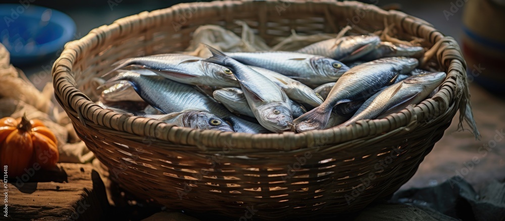 Poster a close-up view of a basket filled with freshly caught fish sitting on top of a table. the fish are 