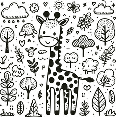 giraffe in cute animal doodle cartoon, children mascot drawing, outline,