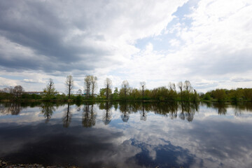 summer landscape with the river, forest and blue sky