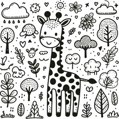 giraffe in cute animal doodle cartoon, children mascot drawing, outline,