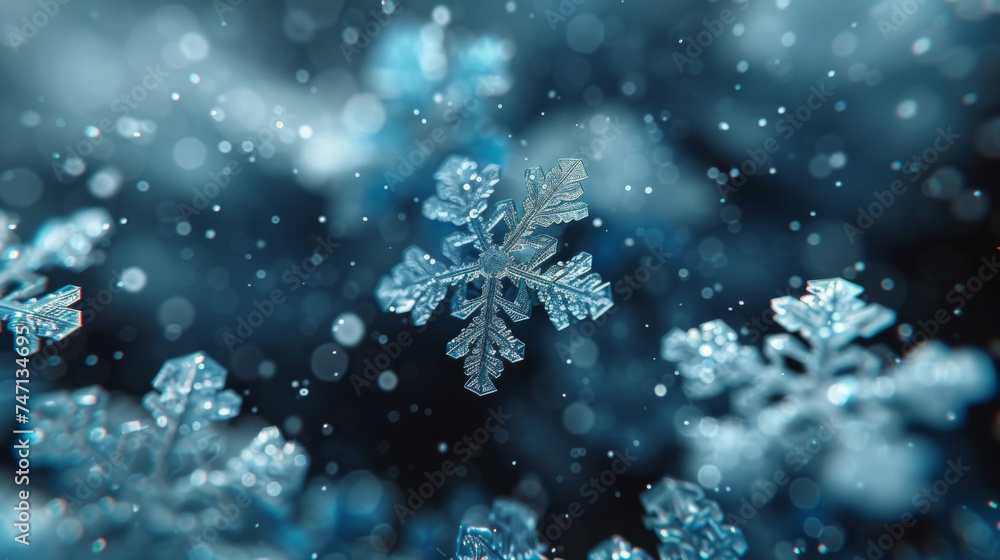 Poster closeup of individual snowflakes being carried by the wind creating a delicate and ethereal texture.