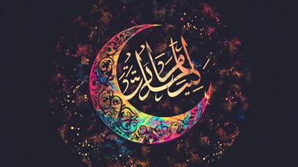 Ramadan Kareem greeting card template featuring a brilliant crescent-shaped Islamic banner background design in Arabic script.