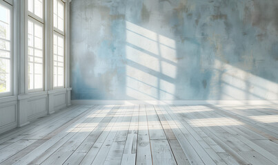 Obraz premium An empty room adorned with windows bathed in natural light, casting a soothing blue-toned ambiance. Ideal for creating a tranquil and airy atmosphere in interior design or architectural concepts.