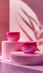 Two luxurious pink pots of cream stand on elegant pink pedestals against a soft pink background, creating a harmonious and visually appealing image. Ideal for showcasing beauty products.