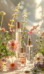  Capturing the essence of purity, glass beauty products are delicately arranged amidst blooming flowers, presenting a visually striking and pristine image of natural elegance and skincare.