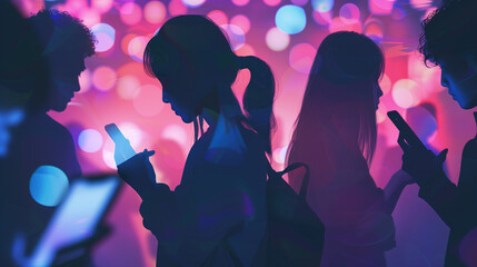 Digital Communication in the Urban Night: Silhouetted people using smartphones in a colorful and futuristic light display - obrazy, fototapety, plakaty