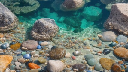 

Texture transparent clear waters of the sea lake with stone pebbles underwater
