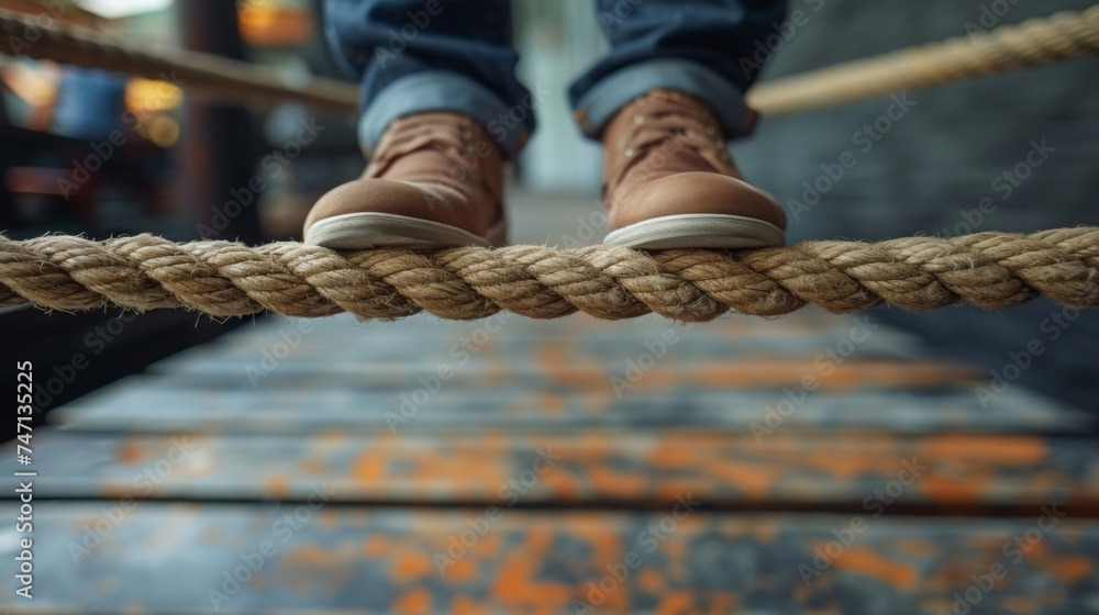 Poster a person is shown balancing on a tightrope with one end representing manageable debt and the other e