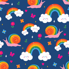 Seamless pattern with snails and rainbows. Vector graphics.