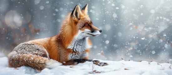 A red fox, Vulpes vulpes, is sitting in the snow, looking intently at something in the distance. The foxs fur stands out against the white snow, creating a striking contrast.