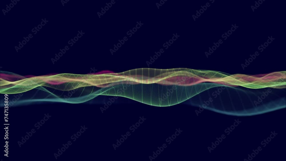 Poster abstract glowing digital cyber wave made of particles and dots moves on a blue background, big data