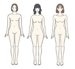 骨格別に並ぶ女性のイラスト　骨格ストレート　骨格ウェーブ　骨格ナチュラル　裸ver