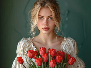 A woman in a white blouse with a bouquet of red tulips against a green wall.