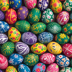 Fototapeta na wymiar A set of colorful easter eggs that lie close to each other on a dark brown background