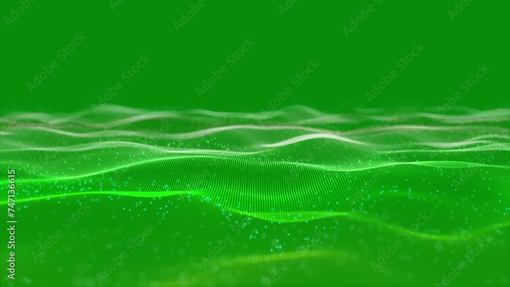 Poster particles green wave cyber technology background loop. abstract seamless animation of mesh glowing d