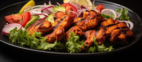 A close-up view of a plate holding Chicken Tikka Murgh Tikka, a traditional Indian dish, served with a colorful array of fresh vegetables on a wooden table.