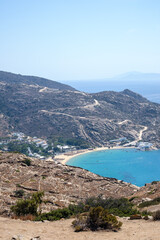 Panoramic view of the popular Mylopotas beach and the Aegean Sea in the background