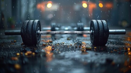 barbell poised in a moment of challenge - obrazy, fototapety, plakaty