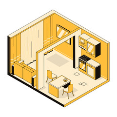 3D interior design of a studio room, living room, kitchen area, zoning. Indoor 

environment of home, flat, hostels. Apartment template for furniture arrangement. Vector linear isometric illustration