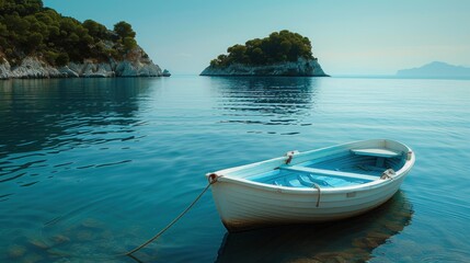 Peaceful boat awaits on azure ocean, island yonder