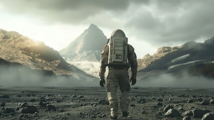 Solitary explorer surveys barren extraterrestrial landscape