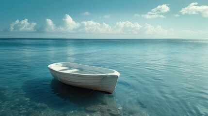 Peaceful boat awaits on azure ocean, island yonder