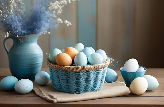 Easter eggs painted in delicate hues of pale blue, soft pink, and light green. Easter decorated table