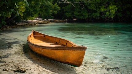 Canoe rests by crystal waters near tropic isle