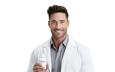 Man in White Lab Coat Holding Bottle of Cream. A man in a white lab coat is standing while holding a bottle of cream. Isolated on a Transparent Background PNG. - Powered by Adobe
