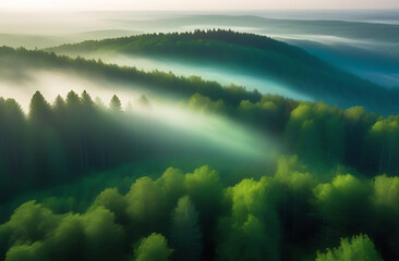 Mystery forest, morning mist, top view