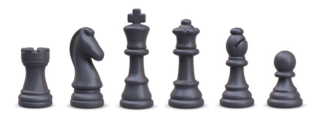 Complete set of black chess pieces lined up in row. 3D king, queen, pawn, knight, officer, rook