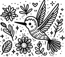 Obraz premium hummingbird in cute animal doodle cartoon, children mascot drawing, outline,