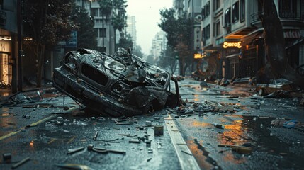 Urban disarray showcased by flipped car aftermath