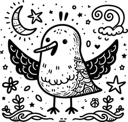 Fototapeta premium dove, pigeon, bird in cute animal doodle cartoon, children mascot drawing, outline,