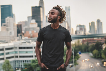 Black man with dreadlocks hairstyle - black t-shirt mockup - blurred city background - fashion posture