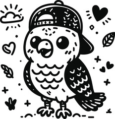 hawk, eagle, bird in cute animal doodle cartoon, children mascot drawing, outline,

