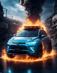 A sleek blue SUV stands defiant in the midst of an urban inferno, the flames reflecting its determination. The vehicle's poised stance suggests a calm within the storm.