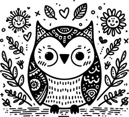 Fototapeta premium owl bird in cute animal doodle cartoon, children mascot drawing, outline,