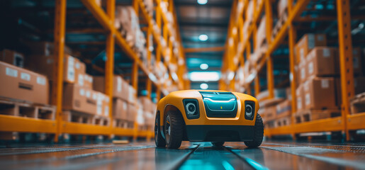 Warehouse management with an AI-driven delivery robot navigating aisles filled with shelves stocked with goods. AI on streamlining operations, enhancing efficiency in modern logistic.