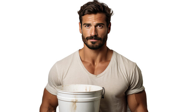Bearded Man Holding a Bucket. He appear to be carrying it from one place to another, possibly for work or chores. The bucket seem to be filled with something. Isolated on a Transparent Background PNG.