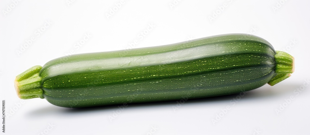 Poster a vibrant green cucumber is placed neatly on a clean white table, creating a simple yet visually app