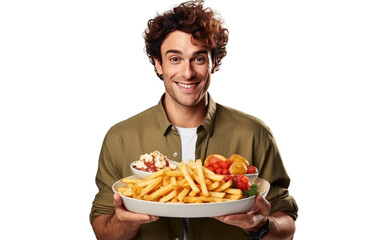 Man Holding Plate of French Fries and Tomato. A man with short dark hair and a black shirt holding a white plate filled with golden French fries and tomatoes Isolated on a Transparent Background PNG.