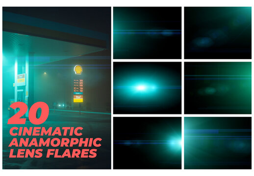 20 Cinematic Anamorphic Lens Flares Overlays. Light Leak Textures