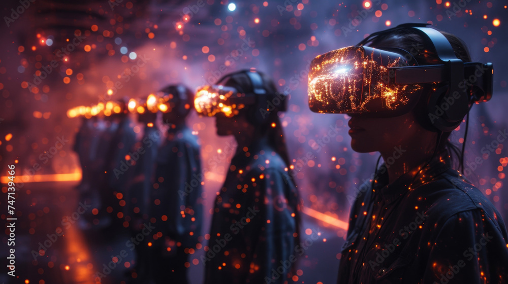 Aufkleber a group of individuals connected through virtual reality headsets collaborating on a project in a vi