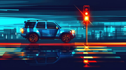 Fototapeta premium Blue SUV parked at traffic light, suitable for transportation concepts